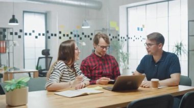 Genç kadın ve Iki erkek meslektaşları dostça bir toplantıya sahip ve yeni Iş fikirleri tartışıyor. Loft ofis Creative Agency easygidiş coworking atmosfer. Onlar başarılı bir çözüm kutlamak.