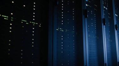 Close-Up Shot of Fully Operational Server Racks in Data Center. Modern Telecommunications, Cloud Computing, Artificial Intelligence, Database, Super Computer Technology Concept. clipart