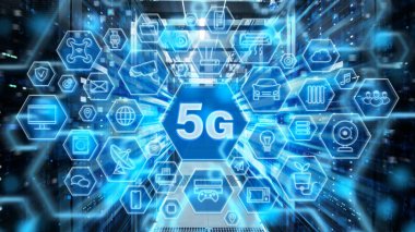 Raf sunucuları ve süper bilgisayarlar dolu çalışma veri merkezi koridor shot. Ön planda farklı bilgisayar açıklayıcı simgeler ve semboller ile 5g Internet teknoloji kavramı.