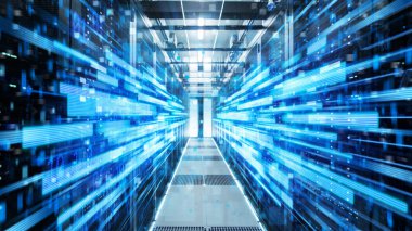Yüksek hızlı Internet aracılığıyla veri Iletimi mavi neon görselleştirme projeksiyon ile raf sunucuları ve Supercomputers dolu çalışma veri merkezi koridor shot.