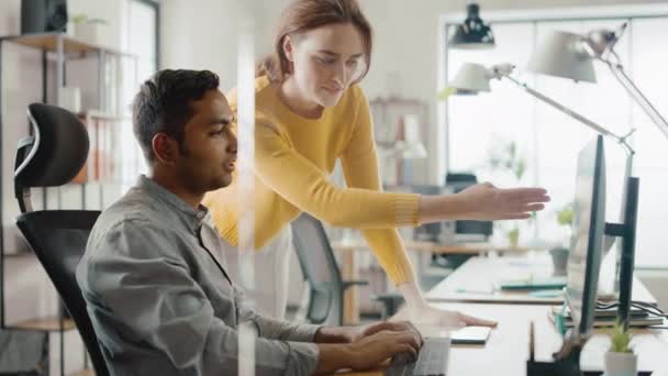 Bonito indiano profissional sentado em sua mesa de trabalho no computador portátil, jovem líder da equipe bonita dá conselhos sobre detalhes do projeto. Escritório onde Diversas Equipe de Jovens Profissionais Trabalham — Vídeo de Stock