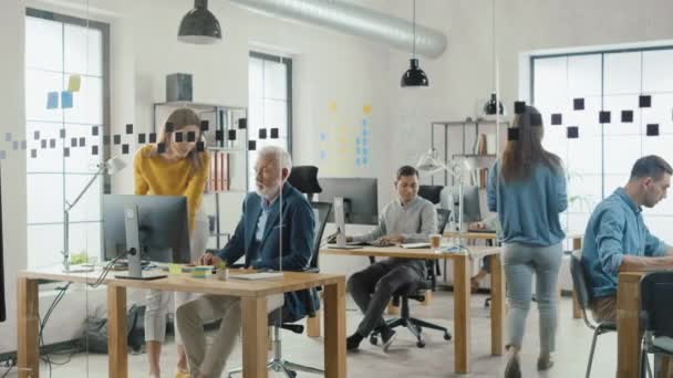 ハンサムな中年のクリエイティブエンジニアデスクトップコンピュータで作業しているデスクに座っていると、美しい女性プロジェクトマネージャーと議論しています。フレンドリーな同僚とのオフィスチャット、ソリューションを見つける — ストック動画