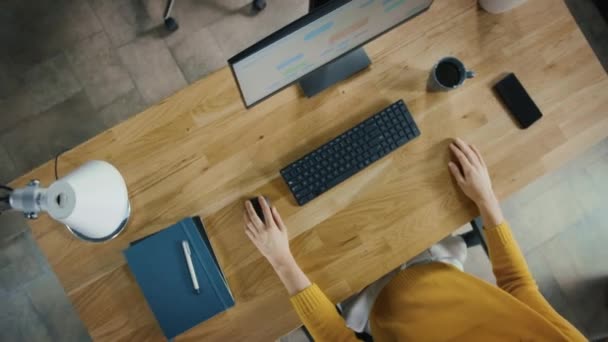 Zoom aus der Vogelperspektive im Büro: Schöne junge Fachfrau sitzt an ihrem Schreibtisch und arbeitet am Desktop-Computer. Multi ethnisch vielfältige und moderne Büro-Loft mit Profis, die ihre Arbeit tun — Stockvideo