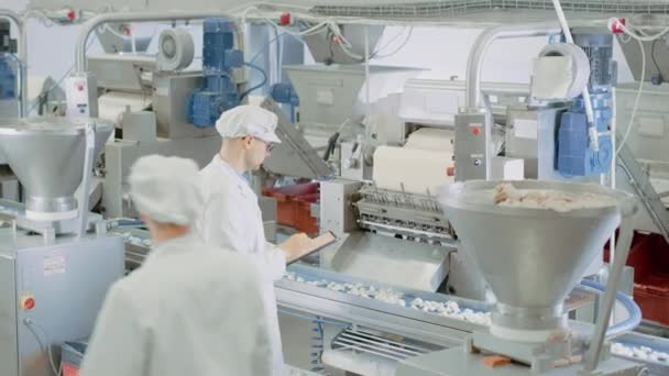 Young Male Quality Supervisor or Food Technician está inspeccionando la producción automatizada en una fábrica de Dumpling Food. Empleado Utiliza una Tablet Computer for Work. Lleva un sombrero sanitario blanco y una bata de trabajo . — Vídeo de stock