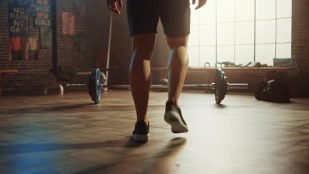 Ο όμορφος μυώδης Man κάνει την εναέρια ανύψωση με ένα barbell σε ένα μικρό αυθεντικό γυμναστήριο. Αθλητικό χωρίς μπλούζα εκπαίδευση του βραχίονα μύες και ασκήσεις με barbell. Προπόνηση στο hardcore γυμναστήριο. — Αρχείο Βίντεο