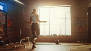 Fit Atletik Sarışın Kadın Egzersizleri Bir Loft Style Sanayi Spor Salonu'nda İp Atlama ile. O onu yoğun çapraz fitness eğitim programı yok. Tesiste Duvarda Motivasyon Posterleri bulunmaktadır. Arka Çekim.