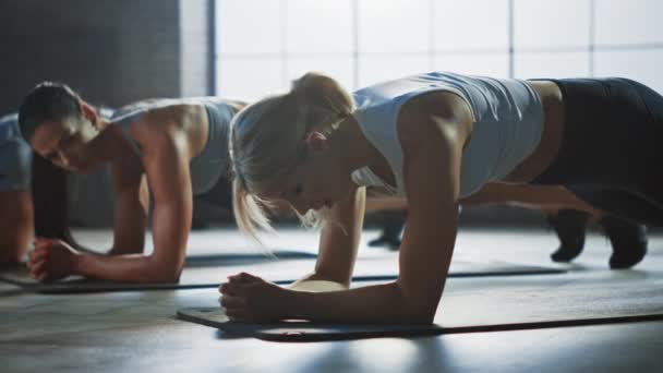 Stark maskulin man och två passar atletiska kvinnor håller en planka position för att utöva sin kärn styrka. Blond flicka är utmattad och misslyckas utbildningen först. De tränar i ett loft gym. — Stockvideo