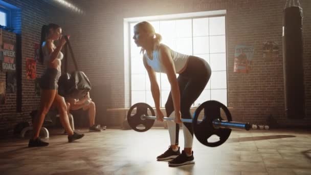 Vacker passform atletisk blond kvinna lyfter en skivstång från marken och gör tillbaka stärka motion som hennes dagliga Fitness träning rutin. Hon tränar i Loft gym med sportiga människor. — Stockvideo