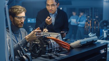 Tablet Bilgisayar ve Denetim Araçları ile İki Profesyonel Otomotiv Mühendisleri Bir Konsept Otomobil Şasi ile Yüksek Teknoloji Laboratuvarında Bir Elektrik Motoru Test Ederken Bir Konuşma Yapıyor.