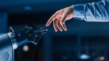 Futuristic Robot Arm Touches Human Hand in Humanity and Artificial Intelligence Unifying Gesture. Conscious Technology Meets Humanity. Concept Inspired by Michelangelo's Creation of Adam clipart