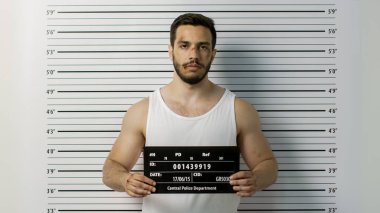 Bir Polis Karakolu'nda Tutuklanan Dayak Adam Front View Mugshot için Pozlar. O Singlet giyer, Ağır Çürük ve Placard tutar. Arka Plandaki Yükseklik Grafiği.