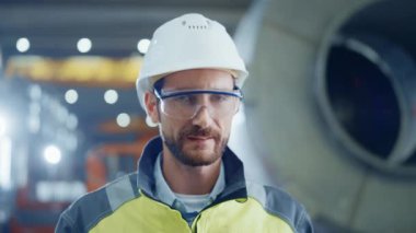 Gülümseyen Profesyonel Ağır Sanayi Mühendisi / İşçi Güvenlik Üniforması, Gözlük ve Sert Şapka Giyen Portresi. Arka planda Odaklanmamış Büyük Endüstriyel Fabrika