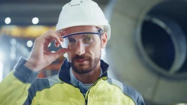 Gülümseyen Profesyonel Ağır Sanayi Mühendisi / İşçi Güvenlik Üniforması ve Sert Şapka Giyen Portresi. Arka planda Odaklanmamış Büyük Endüstriyel Fabrika