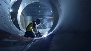 Profesyonel Ağır Sanayi Kaynakçı Boru İçi Çalışma, Kask Giyer ve Kaynak Başlar. Petrol, Doğal Gaz ve Akaryakıt Taşıma Boru Hattı Inşaatı. Endüstriyel Üretim Fabrikası. Yavaş Çekim