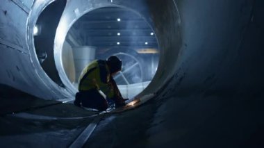 Profesyonel Ağır Sanayi Kaynak İşçisi Boru İçinde Çalışıyor, Kask Giyiyor ve Kaynak Yapmaya Başlıyor. Petrol, Doğal Gaz ve Yakıt Nakil Boru Hattı İnşaatı. Sanayi İmalat Fabrikası