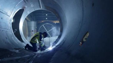 Profesyonel Ağır Sanayi Kaynak İşçisi Boru İçinde Çalışıyor, Kask Giyiyor ve Kaynak Yapmaya Başlıyor. Petrol, Doğal Gaz ve Yakıt Nakil Boru Hattı İnşaatı. Sanayi İmalat Fabrikası