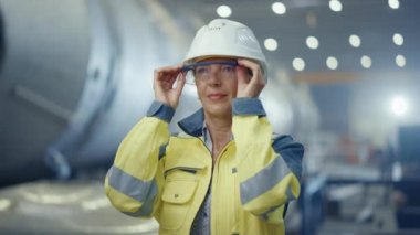 Profesyonel Ağır Sanayi Kadın Mühendis Portresi Güvenlik Üniforması ve Sert Şapka Giyen, Gözlük çıkarma. Arka Planda Odaksız Büyük Sanayi Fabrikası nerede Kaynak Sparks Uçan