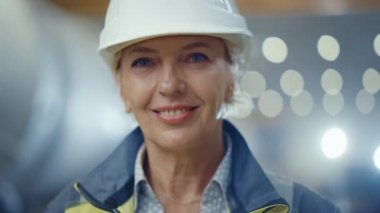 Profesyonel Ağır Sanayi Kadın Mühendisi Güvenlik Üniforması ve Sert Şapka Giyen Çekici Gülümseyen Portresi. Kaynağın kıvılcımlar saçtığı Odaklanmamış Büyük Endüstriyel Fabrikada