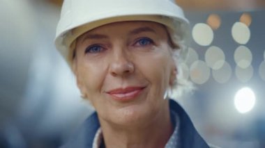 Profesyonel Ağır Sanayi Kadın Mühendisi Güvenlik Üniforması ve Sert Şapka Giyen Çekici Gülümseyen Portresi. Kaynağın kıvılcımlar saçtığı Odaklanmamış Büyük Endüstriyel Fabrikada