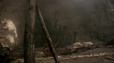 Hayvan Derisi Giyen Primeval Caveman Tutar Stone Hammer Prehistorik Orman Etrafında Görünüyor, Hayvan Av Hunt hazır. Neandertal Ormana Avlanmaya Gidiyor. Dışarıdan çekilmiş