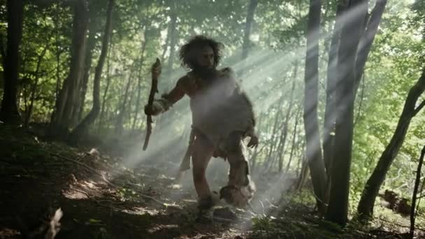 Portret van een oerholbewoner die dierenhuid en bontjacht draagt met een stenen speer in het prehistorische bos. Primitieve Neanderthaler Hunter klaar om speer in de jungle te gooien — Stockvideo