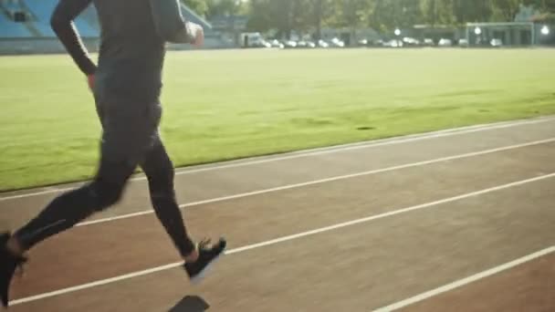 Athletic Fit man i grå skjorta och shorts jogging på arenan. Han springer bekvämt på en varm sommar eftermiddag. Idrottsman gör sin rutinmässiga idrottsutövning. Spårnings bild. — Stockvideo