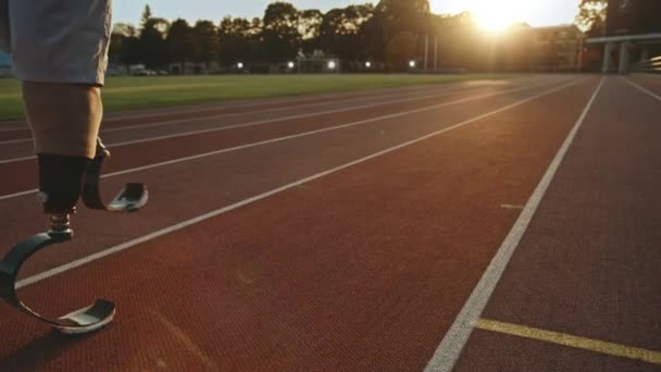 Atletische gehandicapte fit man met prothetische loop mesjes loopt tijdens een training op een openlucht stadion op een zonnige middag. Geamputeerde runner bereidt zich voor op een run. Motiverende sport beelden. — Stockvideo