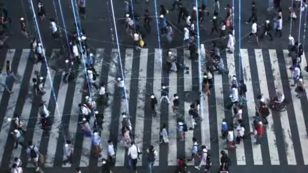 High Angle Shot of a Crowded Pedestrian Crossing in Big City. Augmented Reality Shows Visual Representation of Connected People with the Internet World, Technology Around Us and Wi-Fi  Wave Network. — Stock Video