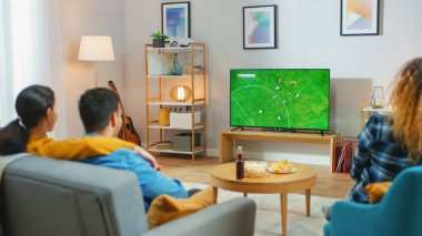 Home Diverse Group of Sports taraftarları televizyonda önemli futbol maçlarını izliyorlar ve takım için tezahürat yapıyorlar. Masada atıştırmalık ve içeceklerle dolu rahat bir oda..