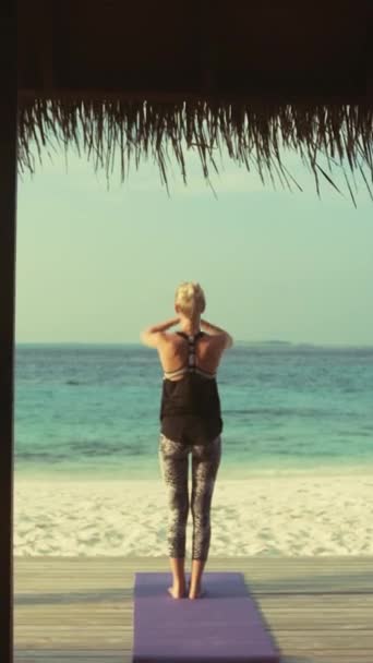 Voltar Vista Tiro de uma mulher jovem ajuste fazendo Yoga em um alpendre de uma cabana de ginástica. No fundo Ilha exótica com belo mar calmo. Filmagem de vídeo com orientação vertical da tela 9: 16 — Vídeo de Stock