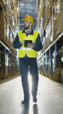 Hard Hat 'i takan denetçi, Büyük Perakende Deposu' nda yürürken Dijital Tablet Bilgisayar kullanıyor. Dikey Ekran Yönelimli Video Görüntüsü 9: 16