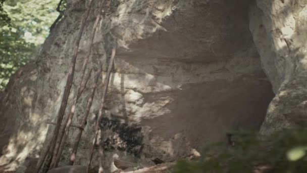 Первобытный Пещерный человек, одетый в шкуру животного и меховую копьё, выходит из своей пещеры в доисторический лес, готовый к охоте. Нетаньяху отправляется на охоту в лес — стоковое видео