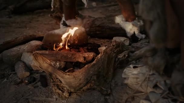 Kmen prehistorických lovců a sběračů, kteří nosí zvířecí tesáky a zahřívají se u ohně v jeskyni. Neandrtálská nebo Homo Sapiens rodina se snaží zahřát v Bonfire vaření potravin. Zaměření na oheň — Stock video