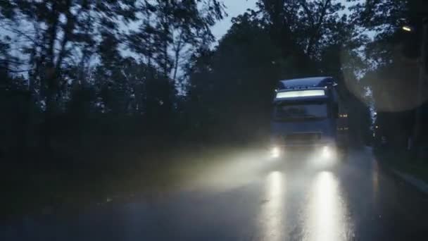 Long Haul Semi-Truck with Cargo Trailer Full of Goods Travels on the Rural Road. Driving in Early Morning Across Continent Through Rain, Fog. Front View Following Shot — Stockvideo