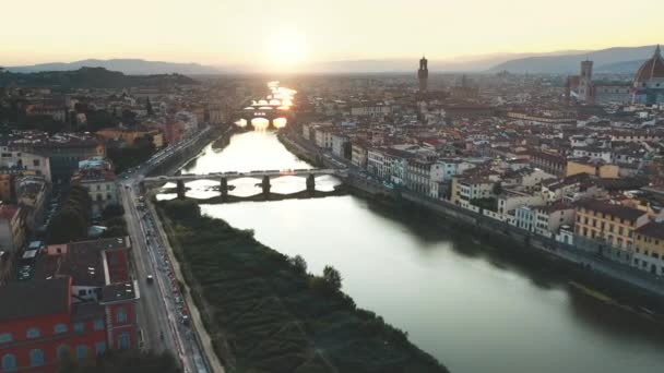 Aerial Drone View: Historically and Culturally Rich Italian Town on the Sunny Day. Beautiful Old City With Medieval Churches and Cathedrals. River Runs through the City — Stock Video