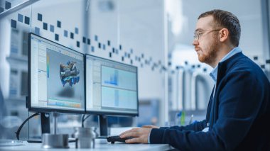 Endüstriyel Mühendislik Çözme Sorunları, Kişisel Bilgisayar üzerinde çalışmak, İki Monitör, üç boyutlu hibrid elektrikli motor prototipi test edilmiş CAD yazılımını gösteriyor. Çalışan Modern Fabrika.
