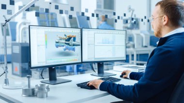 Bir Kişisel Bilgisayar üzerinde çalışan Endüstriyel Mühendis, İki Monitör, Melez Elektrik Motoru ve Haritaları 'nın 3 boyutlu prototipiyle CAD yazılımını gösteriyor. Yüksek Teknoloji Makineli Modern Fabrika
