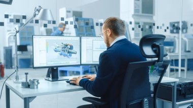 Bir Kişisel Bilgisayar üzerinde çalışan Endüstriyel Mühendis, İki Monitör, Melez Elektrik Motoru ve Haritaları 'nın 3 boyutlu prototipiyle CAD yazılımını gösteriyor. Çalışan Modern Fabrika.