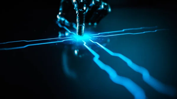 数字化概念:未来机器人臂与屏幕相互作用,手指触摸显示和激活人工智能.机器学习、计算机技术、科学的可视化 — 图库照片
