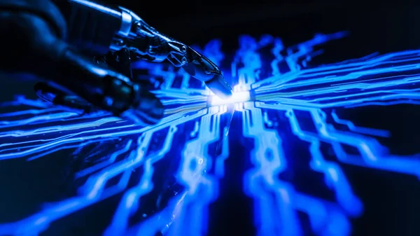 Digitalisierungskonzept: Futuristischer Roboterarm interagiert mit Bildschirm, Fingertasten-Display und aktiviert künstliche Intelligenz. Visualisierung von in maschinellem Lernen, Computertechnologie, Naturwissenschaften — Stockfoto