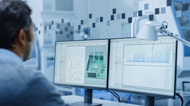 Elektronik Tasarım Fabrikası Ofisi: Bilgisayar üzerinde çalışan Elektrik Mühendisleri Ekibi, mikroçipler, yarı iletken, telekomünikasyon ekipmanları geliştirmek için CAD yazılımı kullanıyor. Üretici İşlemciler