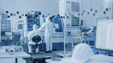 Steril Modern Fabrika: Örtücü Profesyoneller, CNC Makineleri üzerinde çalışan Maskeler. Yüksek Teknolojik Robot Silah Üretim Hattı ve Çağdaş Ekipman ile Tıbbi Elektronik Üretim Laboratuvarı