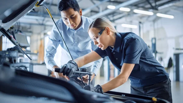 Le gestionnaire vérifie les résultats du diagnostic sur un ordinateur tablette et explique une panne moteur à une mécanicienne. Employé de service de voiture utilise un cliquet pour fixer la composante moteur. Atelier moderne propre. — Photo