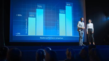 Sahnede, Başarılı Kadın Yönetici ve Erkek Yönetici Mevcut Yeni Ürün, Bilgi Grafiklerini Göster, Büyük Ekranda İstatistikler, Büyüme Hakkında Konuş. Live event, Tech Startup, İş Konferansı