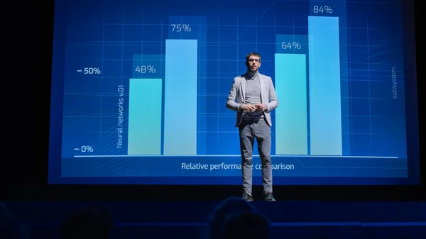 On-Stage: Speaker Does Presentation of the New Electronic Product, Shows Infographics, Statistic Animation on Screen. Auditorium Hall Live Event, Start-up Conference, Device Presentation and Release