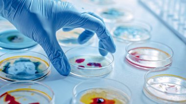 Bilim adamı çeşitli bakteri, doku ve kan örnekleriyle Petri Tabakları ile çalışıyor. Antibiyotikler için ilaç geliştirme, DNA ile hastalıkları iyileştirme, ilaçları geliştirme kavramı. Yakın çekim Makro taşınıyor