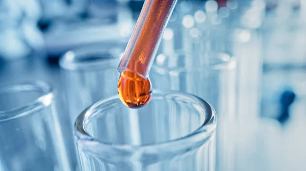 Лабораторія фармацевтики: Pipette Dropping Red Orange Liquid into Test Tubes, Medical Research, Analysis. Scientific Lab Dropper fills Sample Tubes with Innovative DNA Study Solution.Close-up Macro — стокове фото