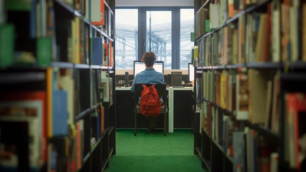 University Library: Focused Bright Student Working on Personal Computer, Doing Research on Class Assignment, Study His Subject, Writing Papers. Back View Shot Between Rows of Bookshelves — Stock Photo, Image