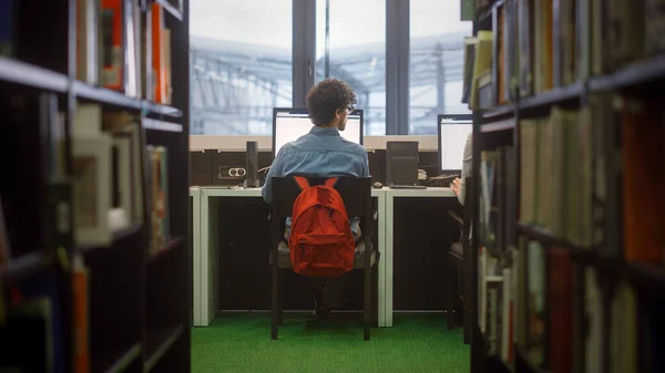 Biblioteca Universitaria: Estudiante Enfocado sentado en el Escritorio Trabajando en PC, Haciendo Investigación sobre Asignación de Clase, Estudie Su Asunto, Escribiendo Documentos. Vista trasera tiro entre filas de estanterías —  Fotos de Stock