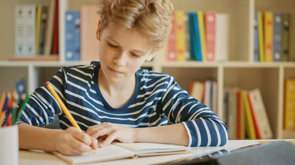 Akıllı küçük çocuk öğrenmek için dizüstü bilgisayar kullanıyor, faydalı bilgiler yazıyor. Uzaktan öğrenme, e-eğitim, e-öğrenme, evde eğitim kavramı. Ödev yapan bir çocuğun portresi — Stok fotoğraf